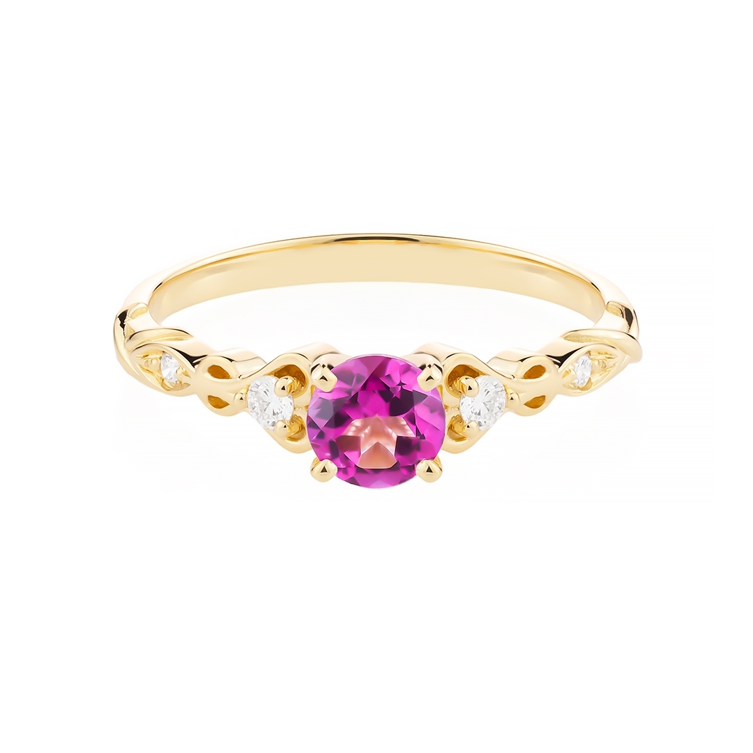 Złoty pierścionek z różowym topazem i diamentami